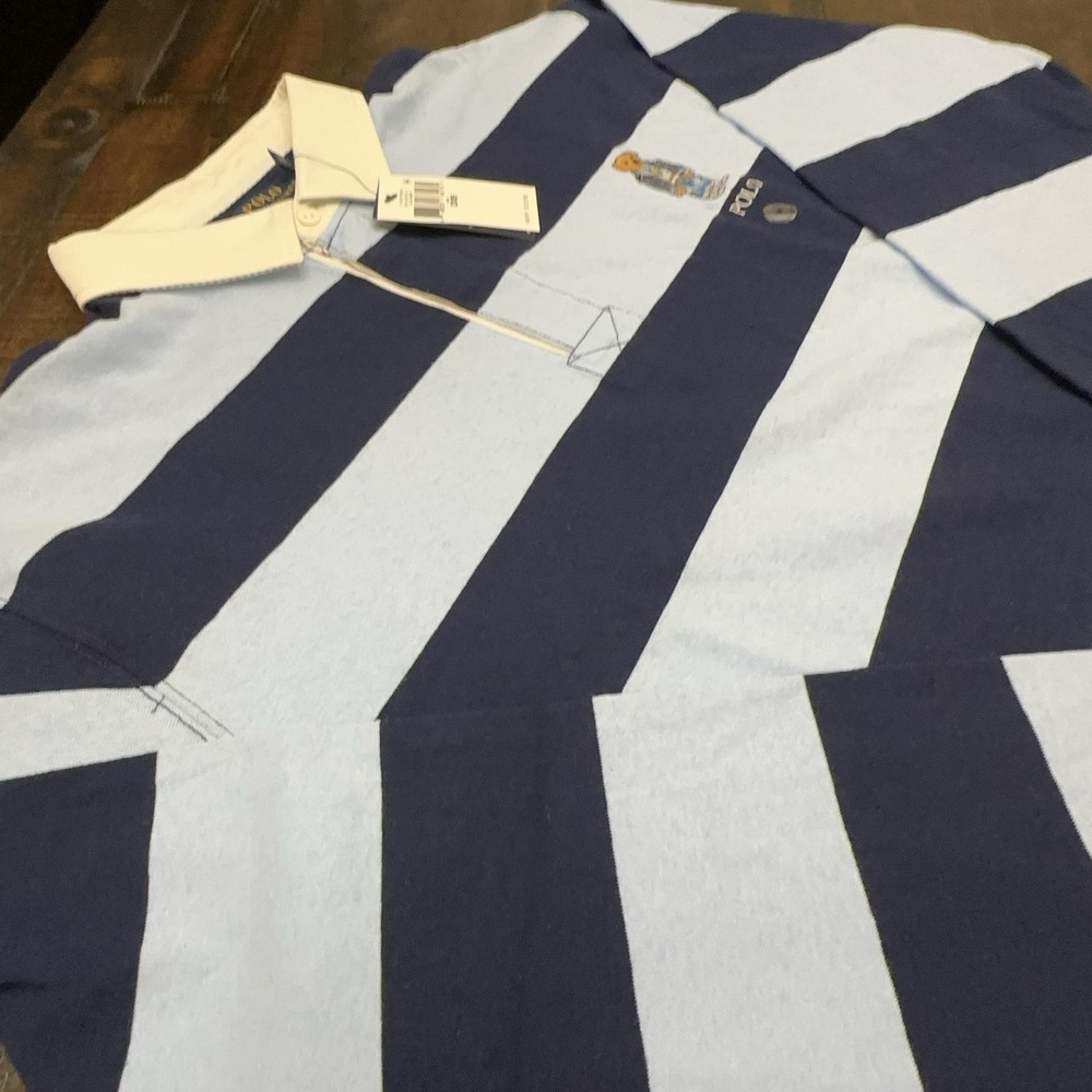 Polo Ralph Lauren Polo Shirt Mens Big 2X Blue Stripe Polo Bear Rugby Long Sleeve